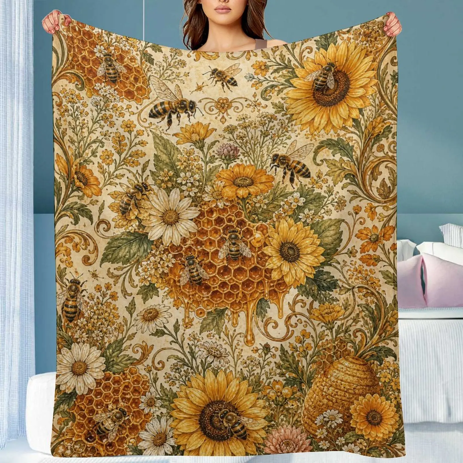 Vintage Honeycomb Floral Flannel Throw Blanket, Soft Lightweight Multi-Size Blanket, Indoor Outdoor Blanket for Sofa & Bed, Portable Travel Blanket, Elegant Home Decor Gift