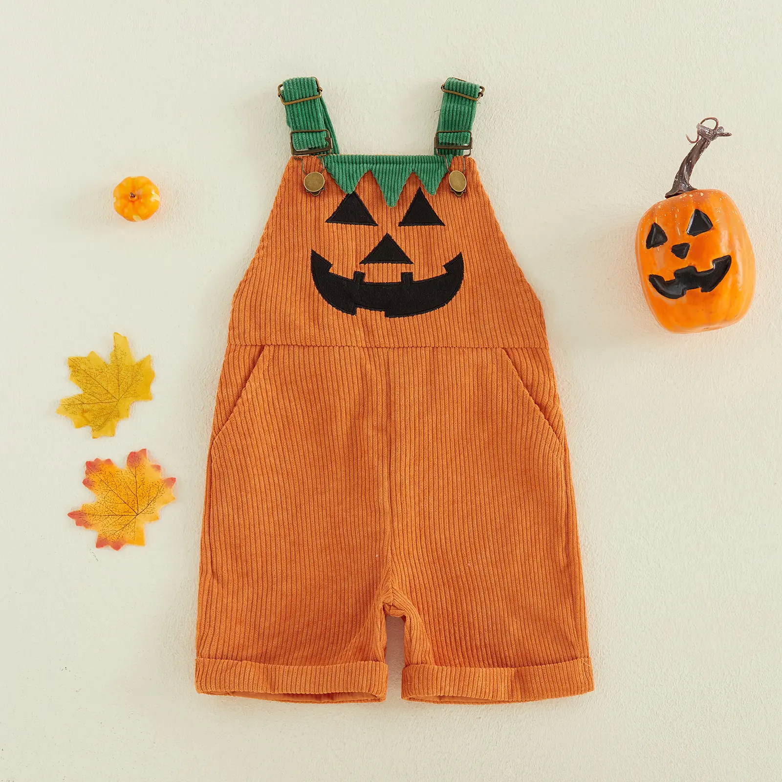 Baby Halloween Corduroy Overalls Ghost Pumpkin Embroidery Suspender Shorts Adjustable Straps Fall Costume Outfit White Orange Gift