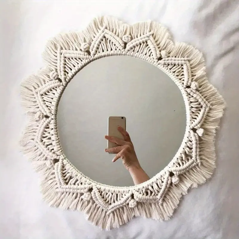 1pc Boho Chic Round Wall Mirror, Decorative Hanging Glass Surface for Bedroom and Living Room, Horizontal Orientation, No Electricity Needed
