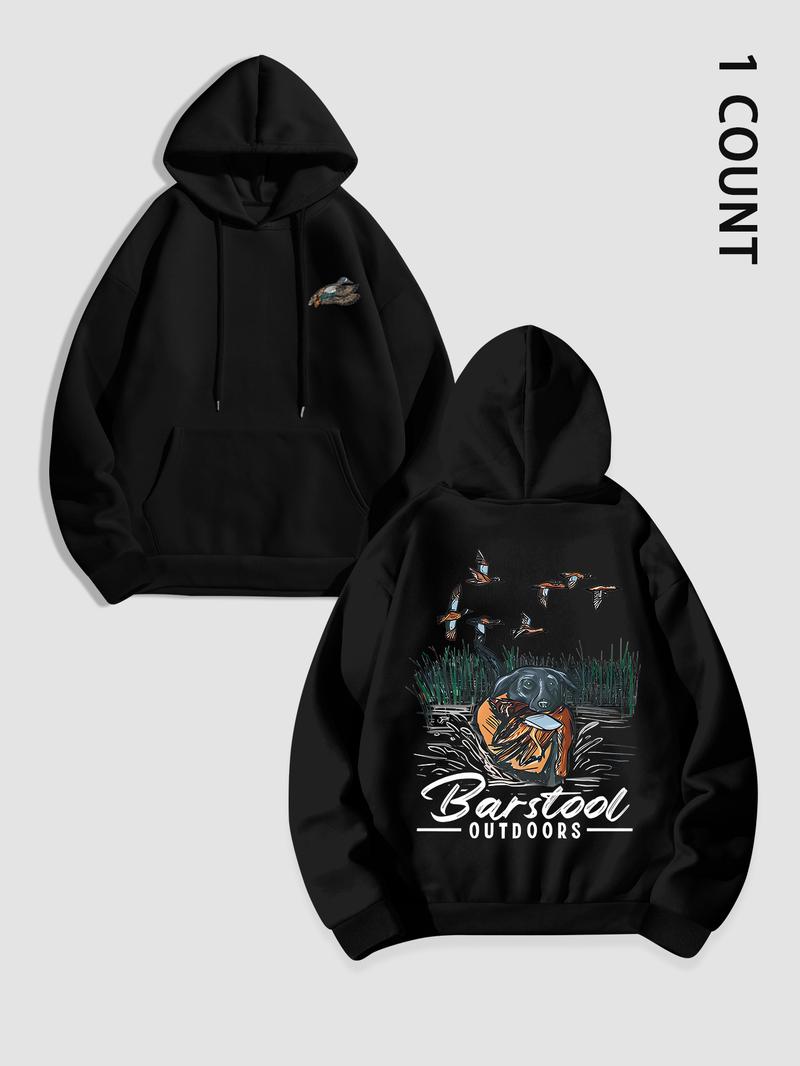 Unisex Men's Duck Hunting Graphic Print Pocket Drawstring Hoodie, Regular Fit Casual Long Sleeve Hooded Sweatshirt, Men's Top for Outdoor Activities