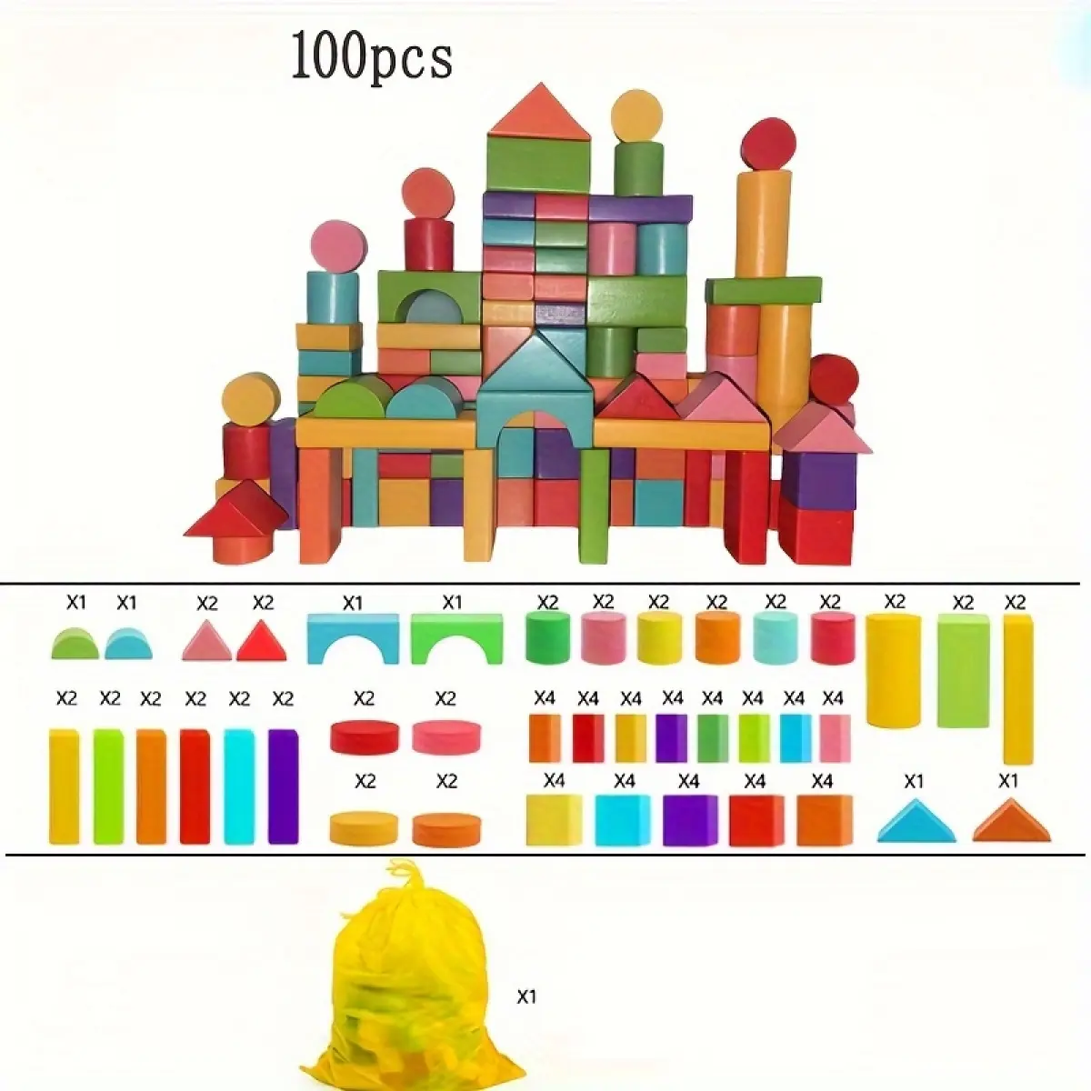 100pcs Solid Wood Building Block Puzzle, Large-Particle Stacking Toy for Kids