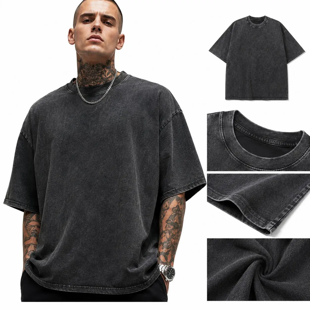 Men's 3-Pack T-Shirt Set, Oversized Acid Wash 100% Cotton Crewneck Tops for Casual Summer Streetwear (Black, Grey, Beige), Tshirt, Fashion, Work