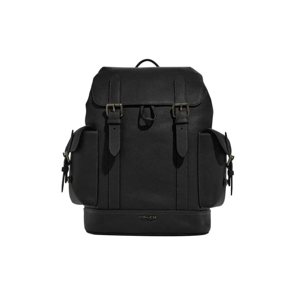 COACH Hudson 30 Solid Color Drawstring Top-Zip Backpack with Interior Zip Pocket – Natural Grain Leather – Men’s Large Black Bag