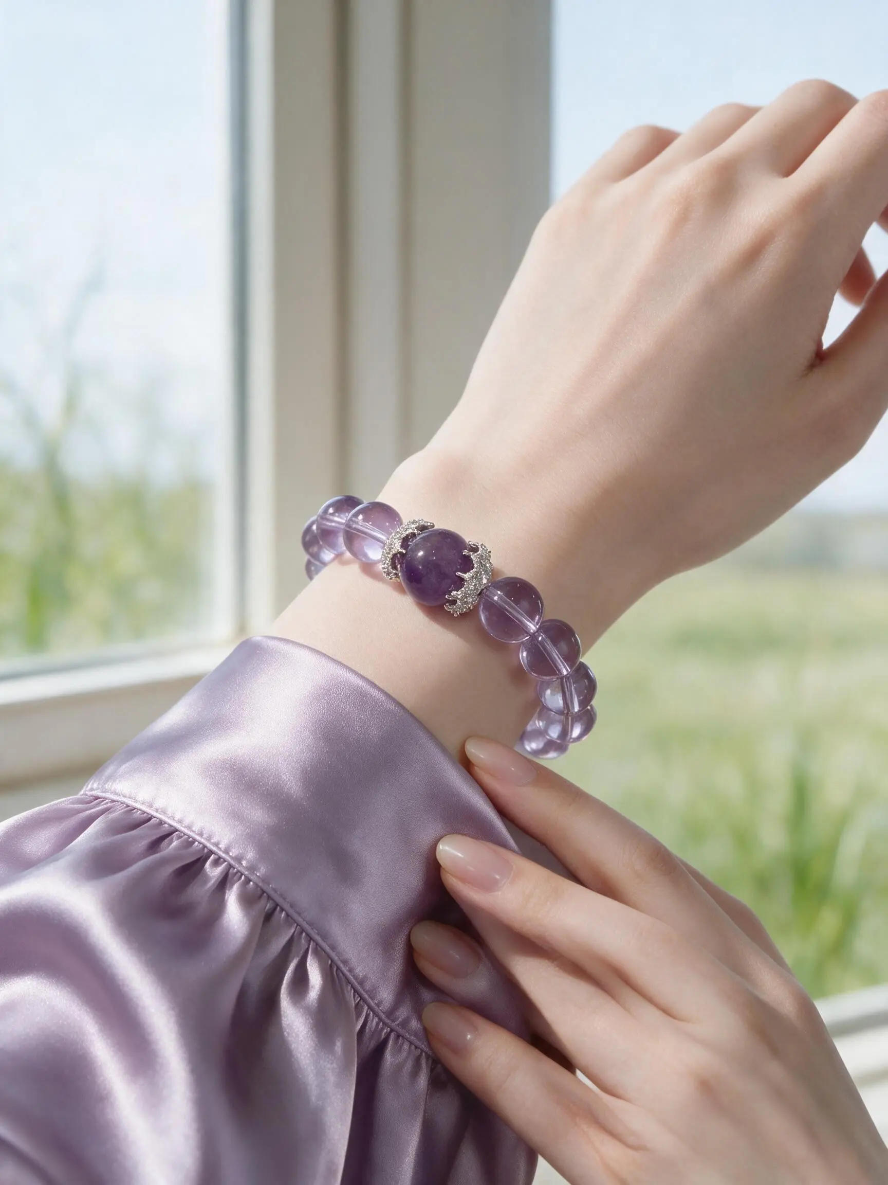 Natural Amethyst Beaded Bracelet, Transparent Light Purple Crystal Stretch Wrist Bracelet, Silver Inlaid Rhinestone Moon Star Charm Jewelry, Elegant Round Bead Bracelet for Women, Daily Wear Birthday Gift