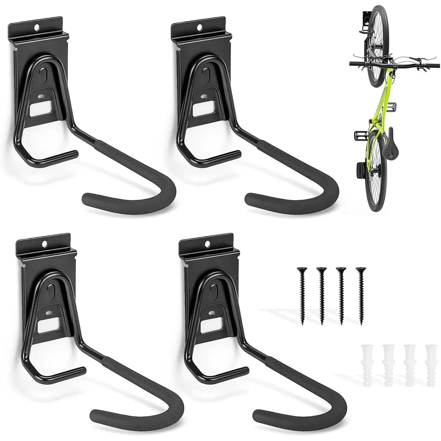 Slatwall Bike Hooks, Heavy Duty Bicycle Hangr with PVC Coating, Wall Mount Vertical Bicycle Storage Rack - 4 Pack