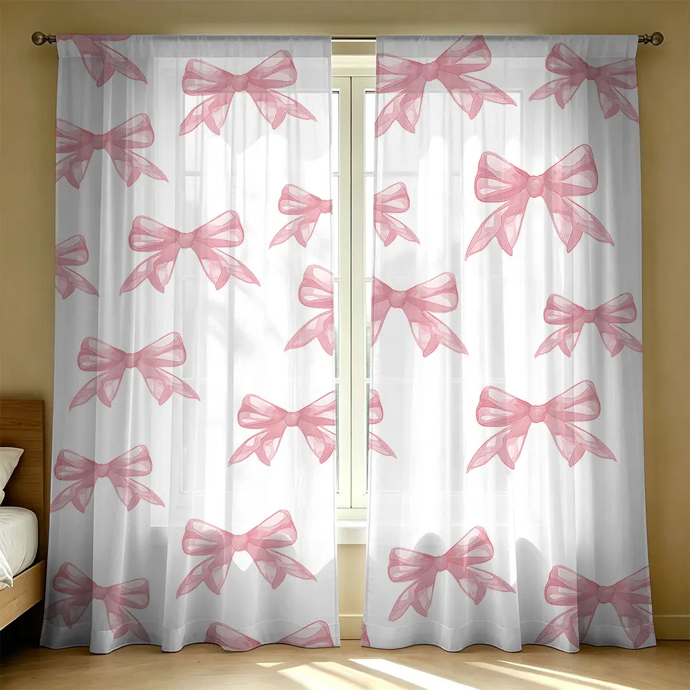 2 Panels Large Pink Bow Print Light Filtering Sheer Curtains, Rod Pocket, Semi-Transparent Drapes for Bedroom Living Room Home Decor