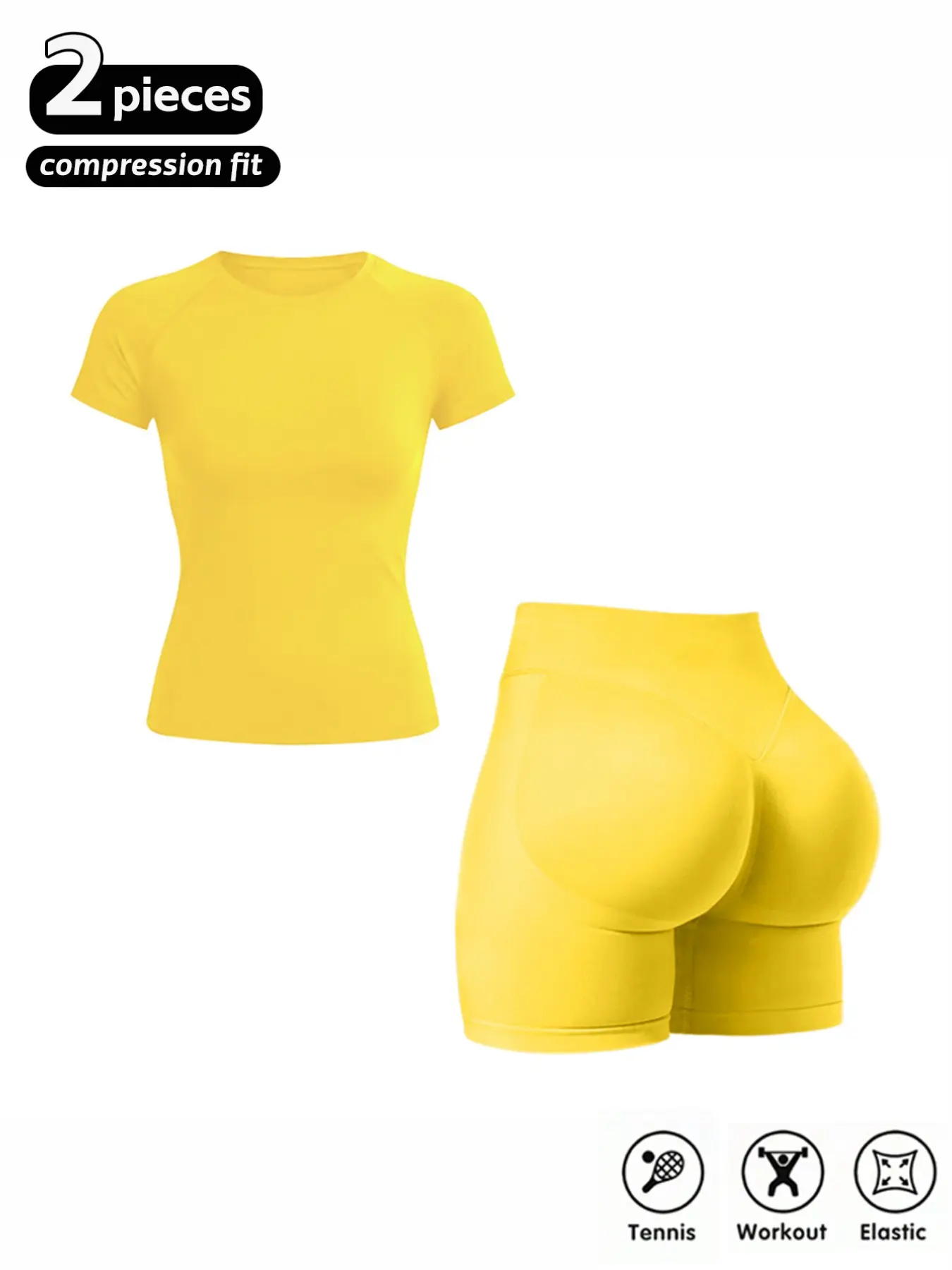Women's New Yoga Set, High Elastic Sweat-Wicking Tight Seamless Short Sleeve Fitness T-Shirt, Three-Part Waist Lift Shorts, Ideal for Gym and Yoga