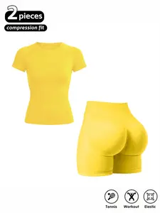Women's New Yoga Set, High Elastic Sweat-Wicking Tight Seamless Short Sleeve Fitness T-Shirt, Three-Part Waist Lift Shorts, Ideal for Gym and Yoga