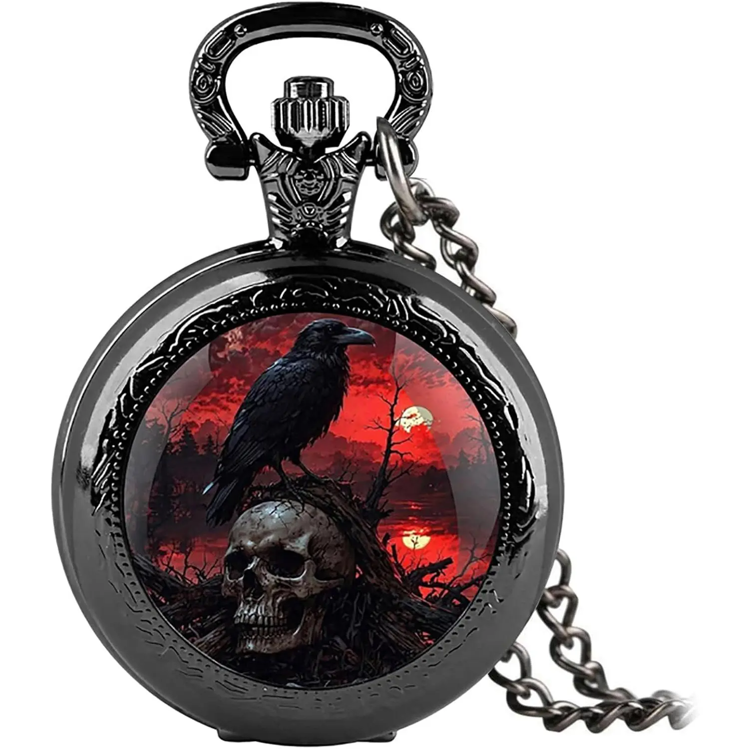 Vintage Pocket Watch for Women Men Graphic Design Quartz Pocket Watches with Chain Pendant Christmas Birthday Gift with Box (Skull Crow 02)