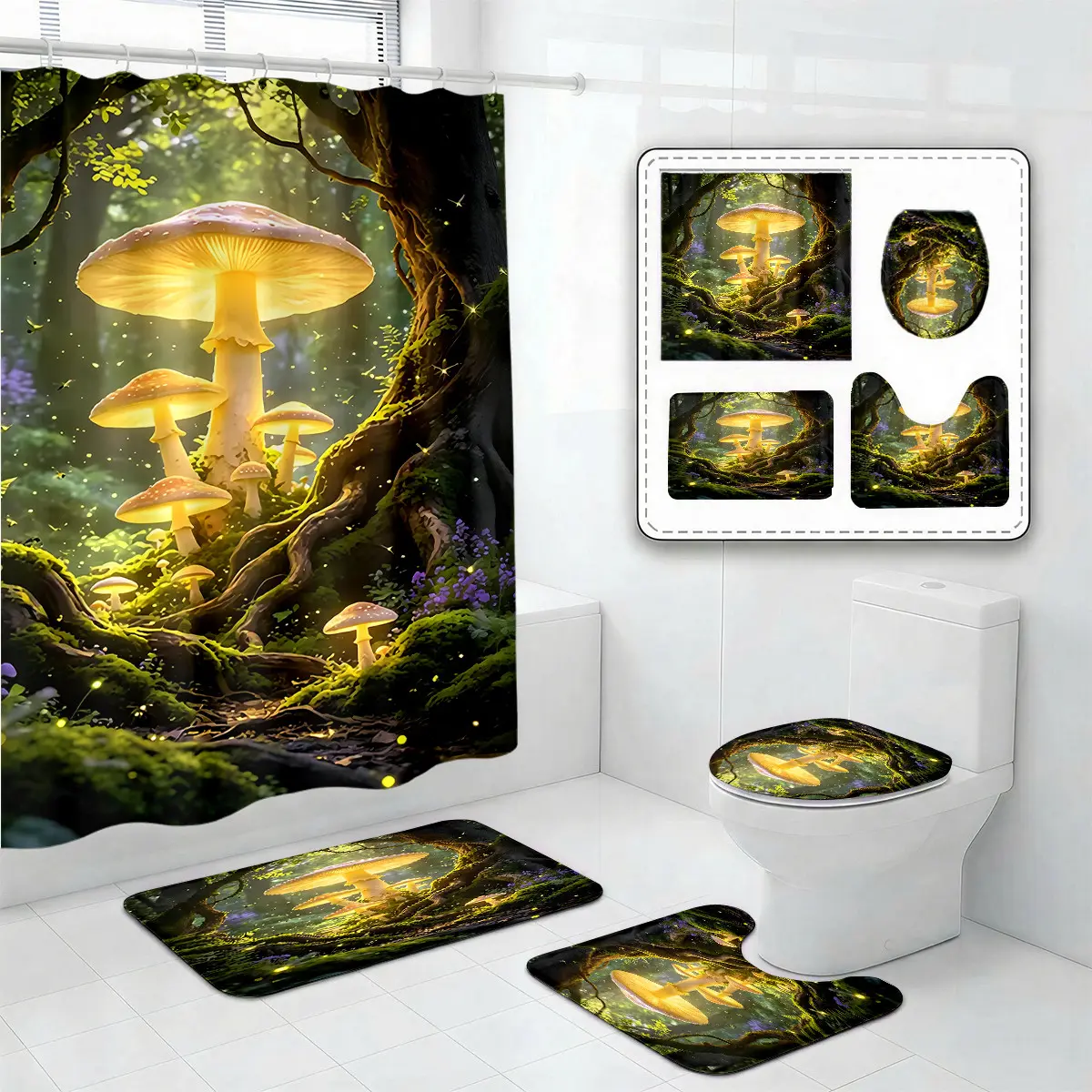 Enchanted Glowing Mushroom Forest Shower Curtain Set – Mystical Fairy Tale Mossy Tree Nature Bathroom Decor for Halloween, Autumn & Thanksgiving Vibes