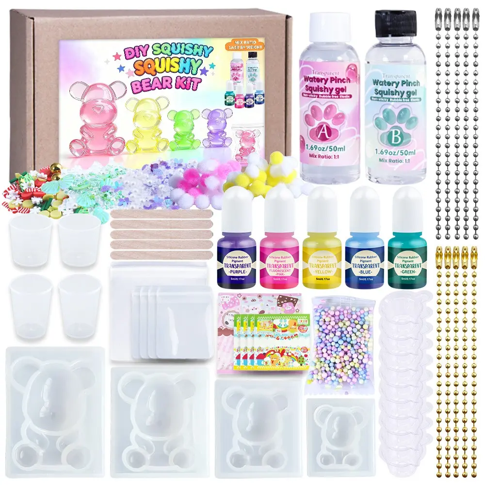 52pcs Soft Silicone Bear Silicone Mold Making Kit, Jewelry Casting Tools, include Transparent 50ml:50ml DIY Silicone AB Resin Glue, 4pcs Bear Silicone Mold,5colors Pigment, Tool Etc