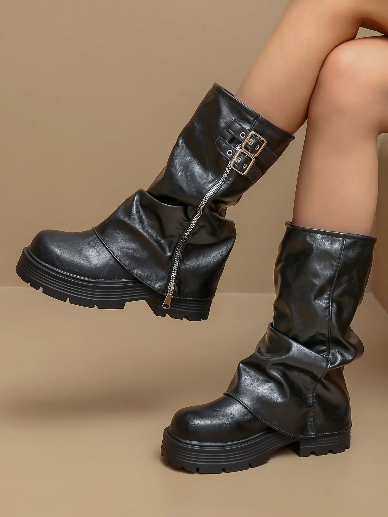 Women's New Folded Crease Mid-Calf Boots, Turn-Up Leg Thick Sole Boots, Side Zipper Height-Boosting Knight Boots, Daily Commute, Streetwear, Fall Winter Fashion