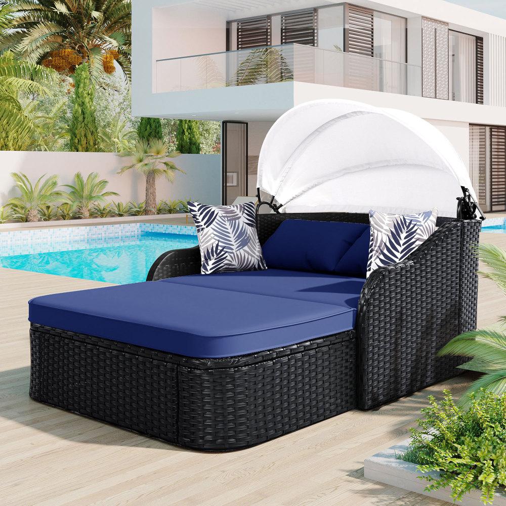 79.9" Outdoor Sunbed with Adjustable Canopy, Double lounge, PE Rattan Daybed, Black Wicker and Blue Cushion
