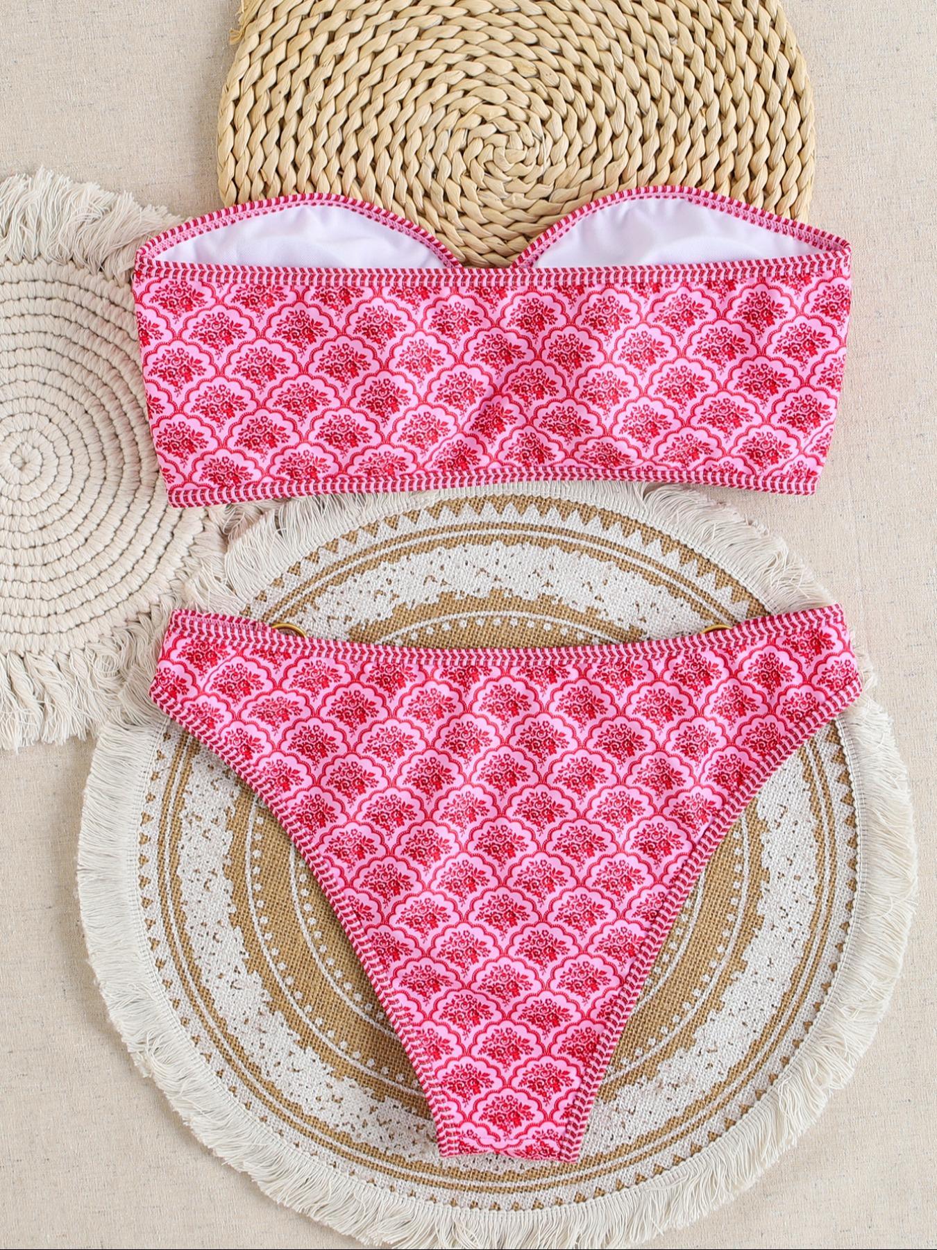 Women's Floral Print Ring-Linked Bikinis Set, Boho Ruched Bandeau Swim Top & High Cut Swim Thong, Chic Ladies Bathing Suit