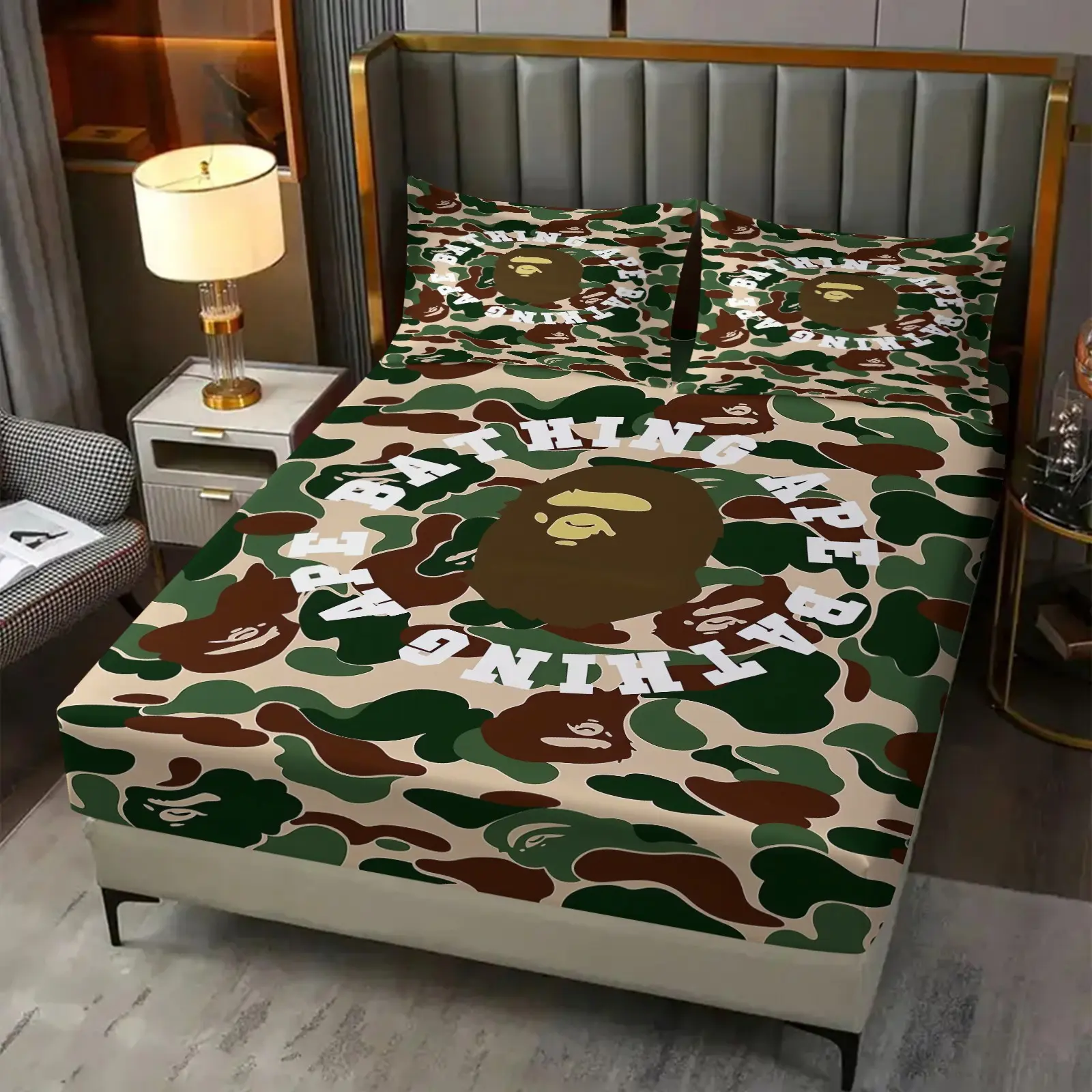 3-Piece Camouflage Ape Head Pattern Bed Sheet, Including 1 Bed Sheet And 2 Pillowcases (Excluding Pillow Core), Comfortable Bedding, Non Slip Suitable For Bedrooms, Suitable For Gifts And Decorations For Teenagers And Adults