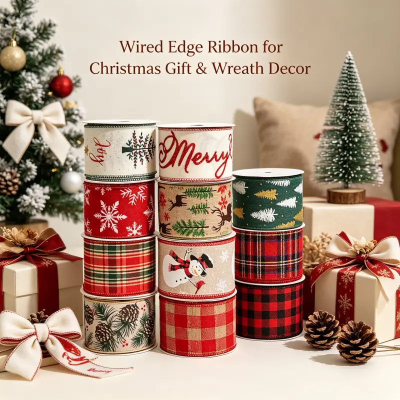 Christmas Wired Ribbon, 2.5in x 10Y Farmhouse Festive Decor with Plaid, Snowman, Pine Tree Prints - DIY Essential for Christmas Wreaths, Bouquets, Ornaments, Holiday Gifts