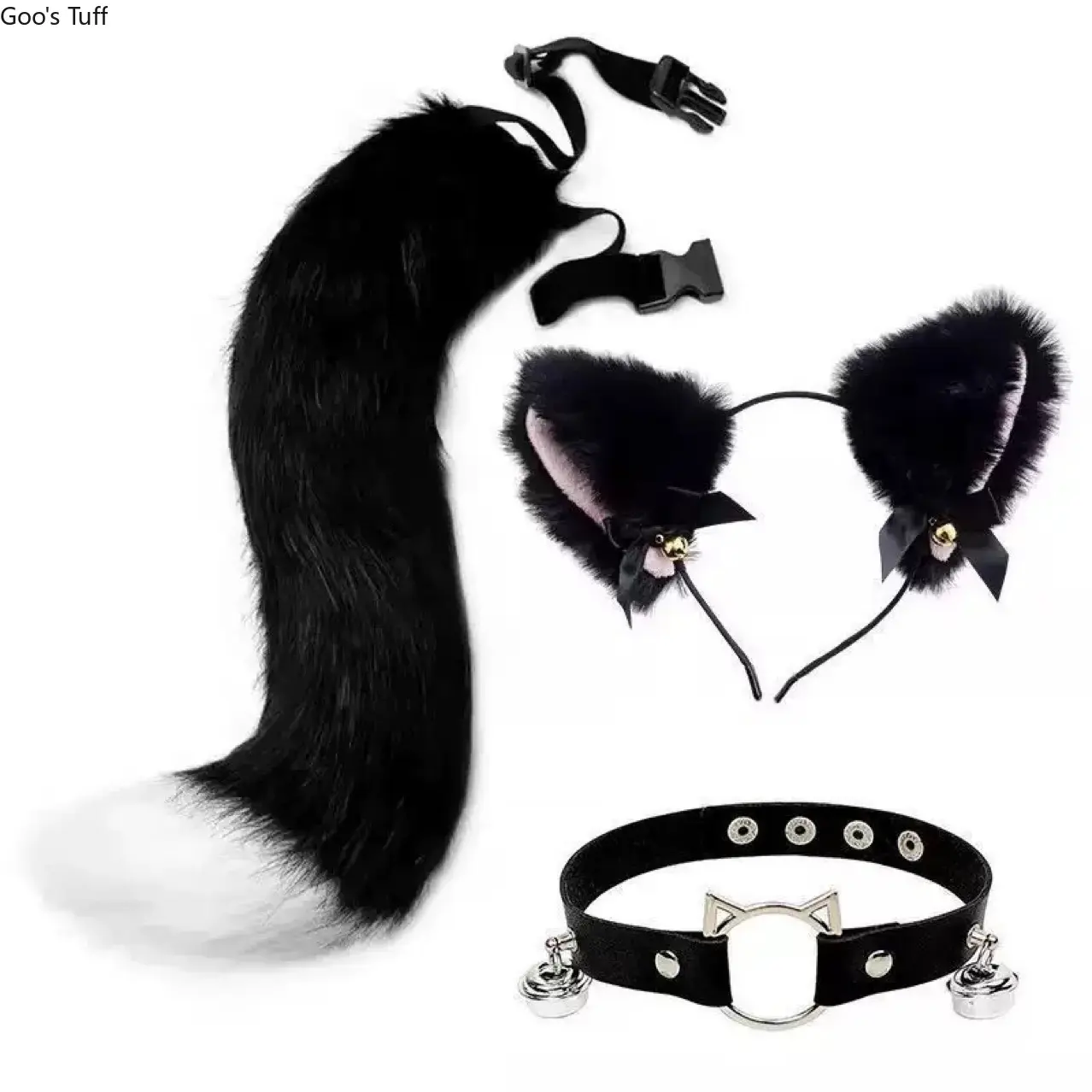 Plush Animal Ear and Tail Accessory Set - Unisex Black 3-Piece MDF+Steel Cat-Puppy Ear Headband, Furry Cosplay Props for Convention, Festival Party