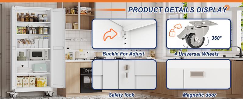 GEITIN 75" Tall Metal Garage Storage Cabinet with Wheels & Locking Doors, 5 Adjustable Shelves, Heavy Duty Steel Tool Cabinet for Garage, Home, Office, Shop