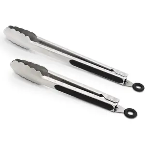 304 Stainless Steel Kitchen Cooking Tongs, 9" and 12" Set of 2 Sturdy Grilling Barbeque Brushed Locking Food Tongs with Ergonomic Grip, Black