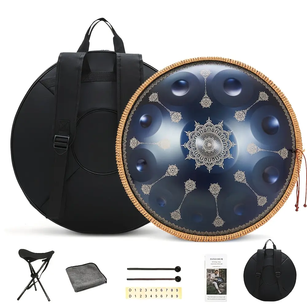 10 Notes Handpan Drum 22 Inch Engraving Pattern Hand Pan Drum in D Minor for Adults Yoga 432Hz Musical Meditation Instrument Gift Sound Healing Hand Drum for Beginner Steel Tongue Drum, with Carrying Bag, Mallets, Holder & Wiping Cloth