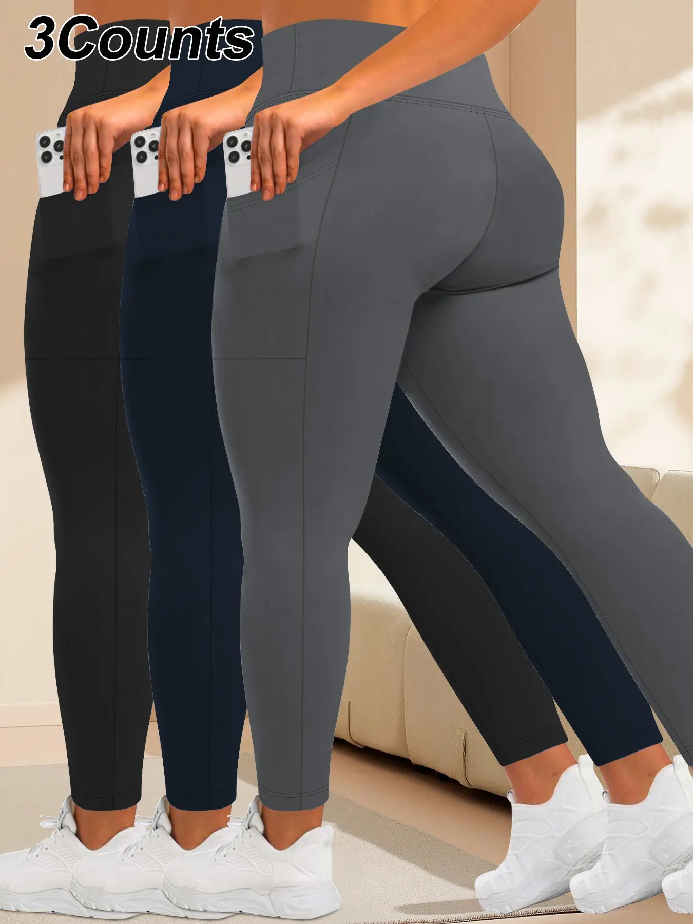 3-Pack Women's Plus Size High-Waist Leggings, Soft Stretch Thin Basic Bottoms, Trendy Full-Length Tight Pants, Activewear for Fitness, Perfect for School, Fitness, Daily Wear