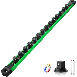 Hardware Tools Reniteco Magnetic Socket Organizer, 3/8" Drive Aluminum Alloy Socket Rail, Heavy Duty Magnetic Socket Holder with 14PC 360 °   Swivel Removable Clips, Magnetic Socket Rack for Tool Box Drawer, Green