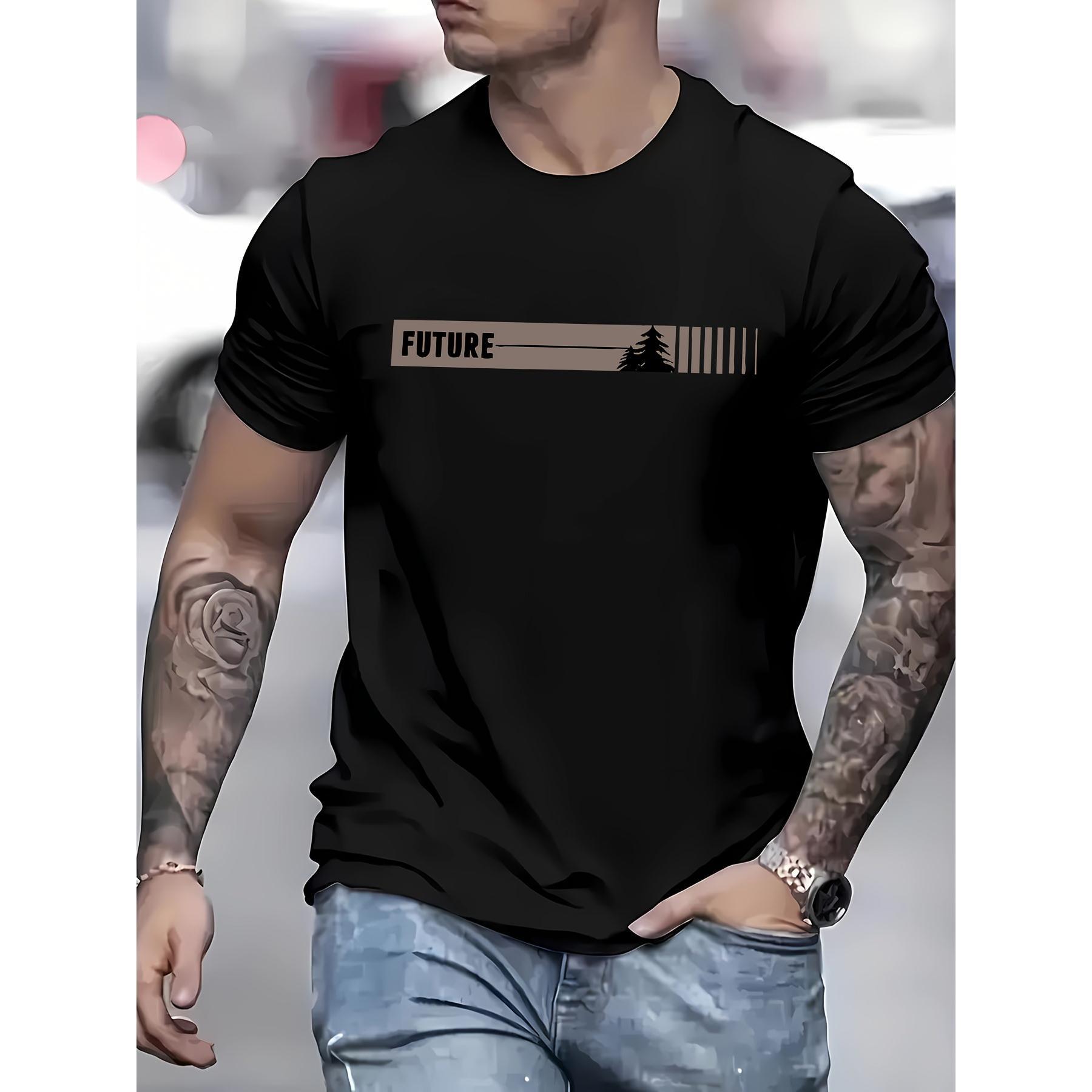 Men'S Casual Crew Neck T-Shirt with "FUTURE" Print, Short Sleeve, Knit Fabric,  Slight Stretch, Regular Fit, Summer Top - Black