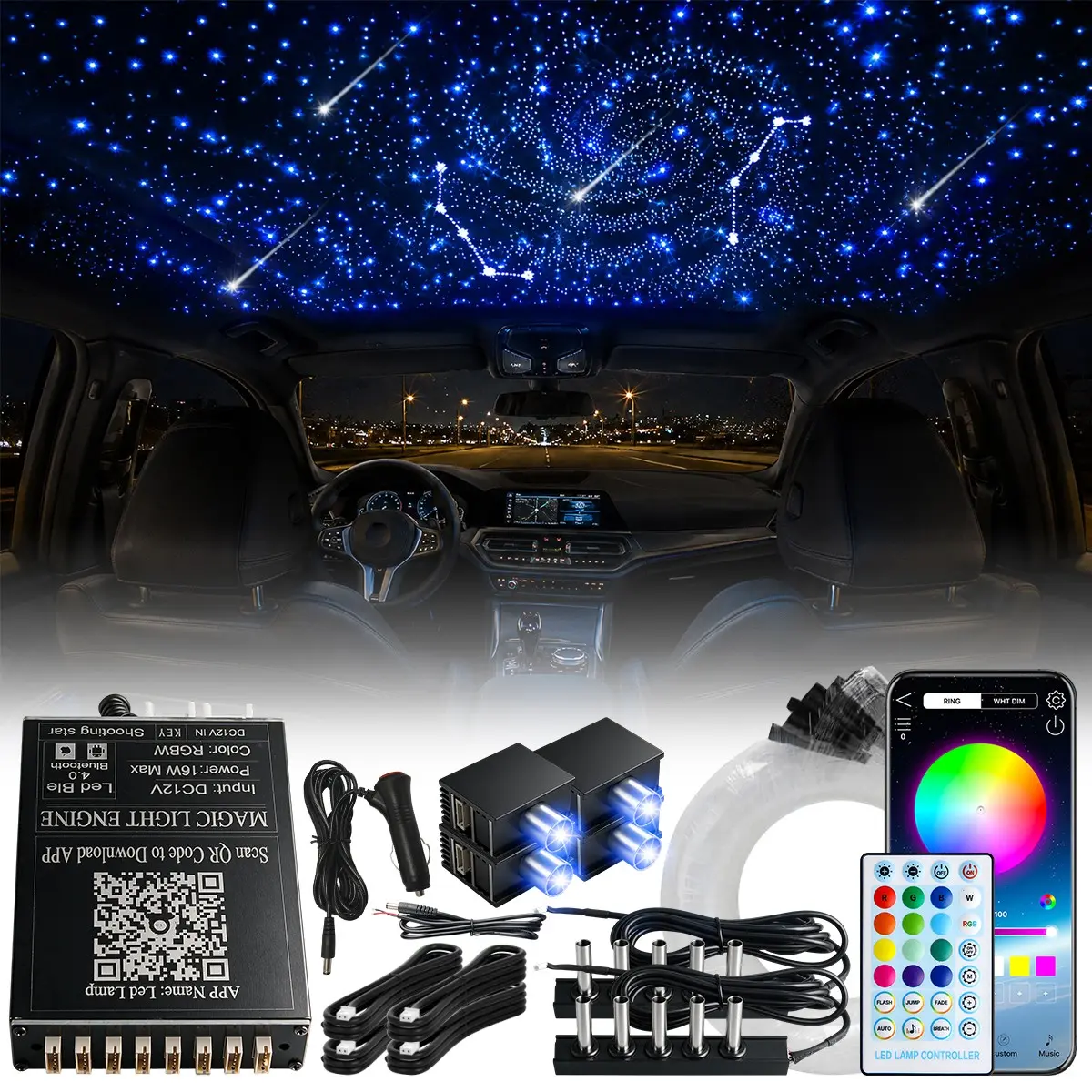 VASTFIRE 1400Pcs Split-Type Fiber Optic Star Light Kit - DC12 Voltage Latest Version, Meteor Sliding Twinkle Effect, Music Mode for Auto Headliner & Bedroom Ambient Decor Lighting