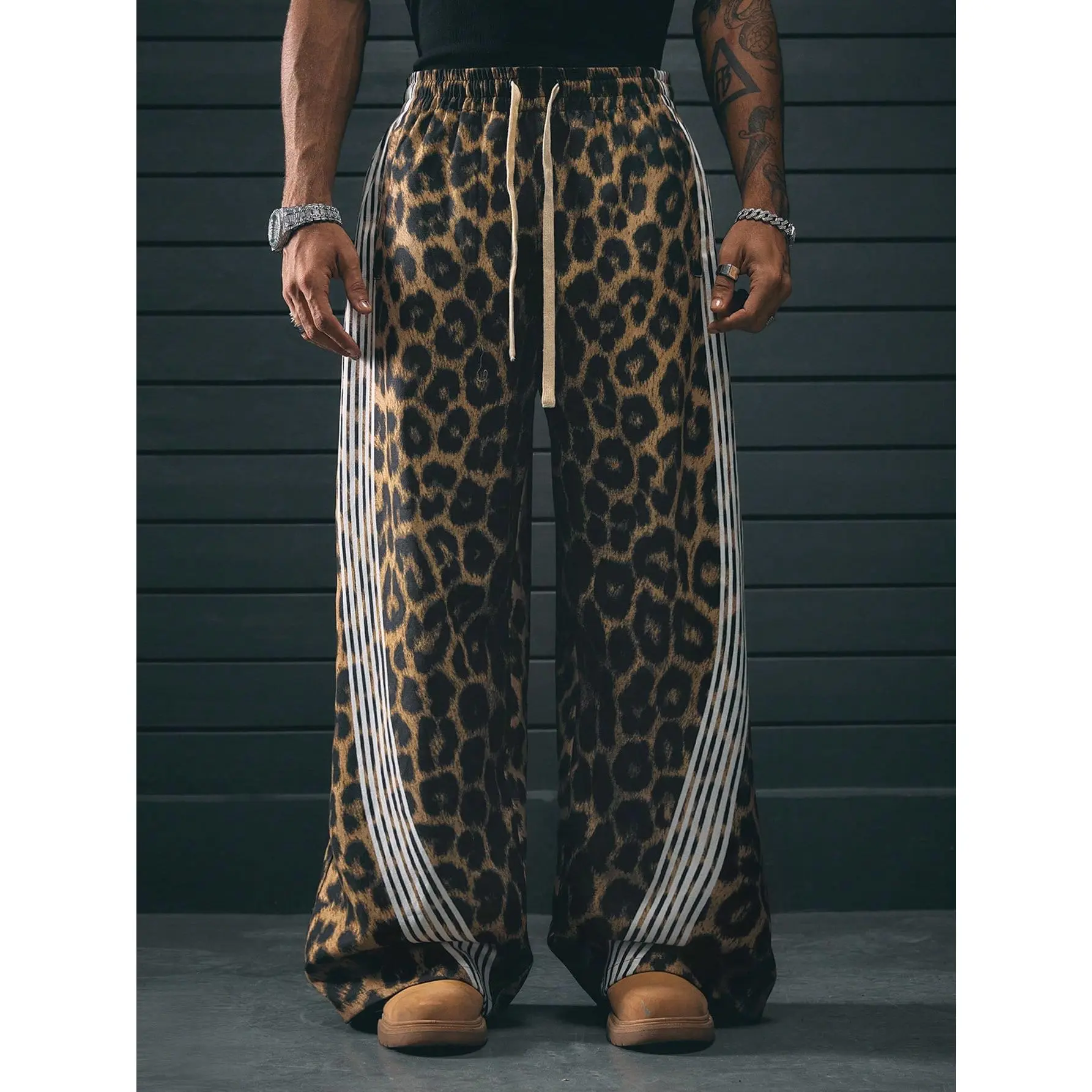 Cheetah Leopard Print Jeans Striped Baggy Sweatpants Wide Leg Drawstring Track Pants with Pockets