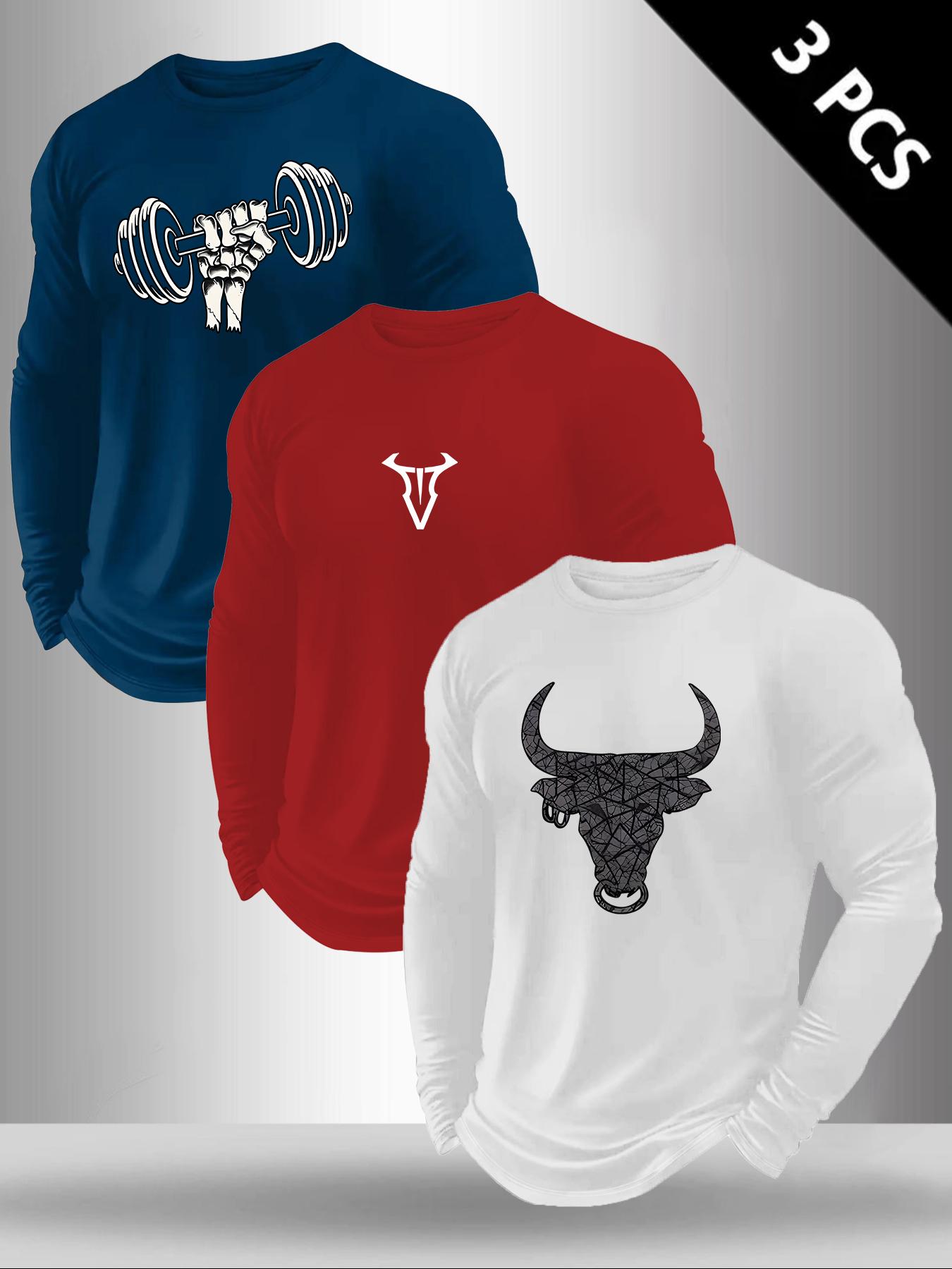 Men's Classic 3-Piece Set with Bull Pattern Print Long Sleeve T-Shirt, Casual Spring & Fall Layering Top, Fitted Comfortable Attire, Athletic Sports Clothing