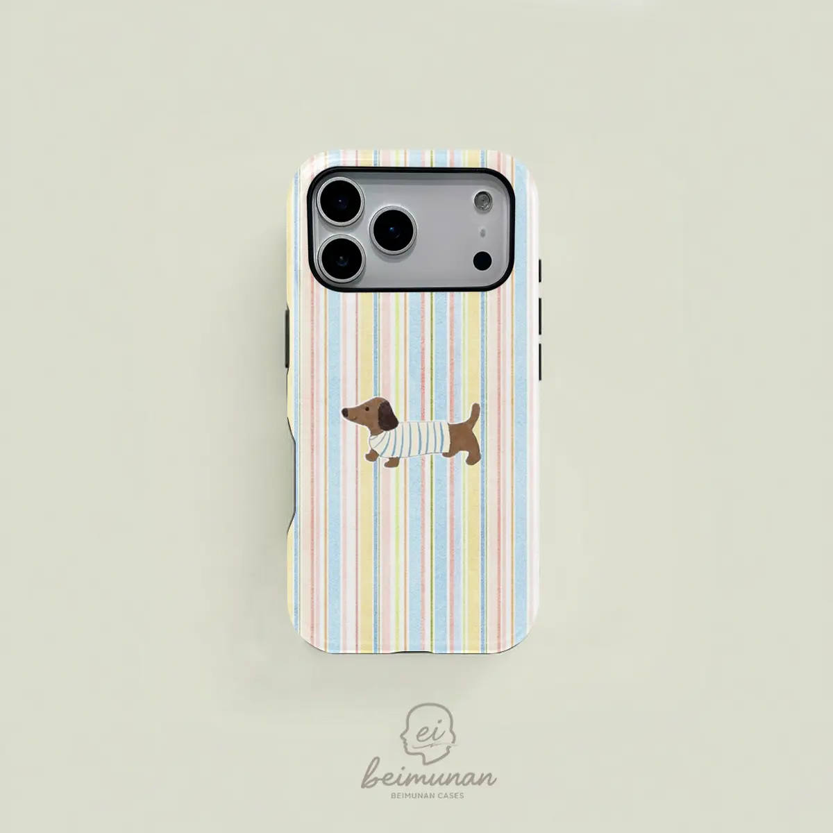 Cute blue and pink striped cartoon dachshund design, sturdy and durable 2-in-1 protective case, MagSafe compatible, suitable for iPhone 17/16/15/14/13/12/11 Pro Max/Plus/Pro, simple and stylish phone case, perfect birthday gift.