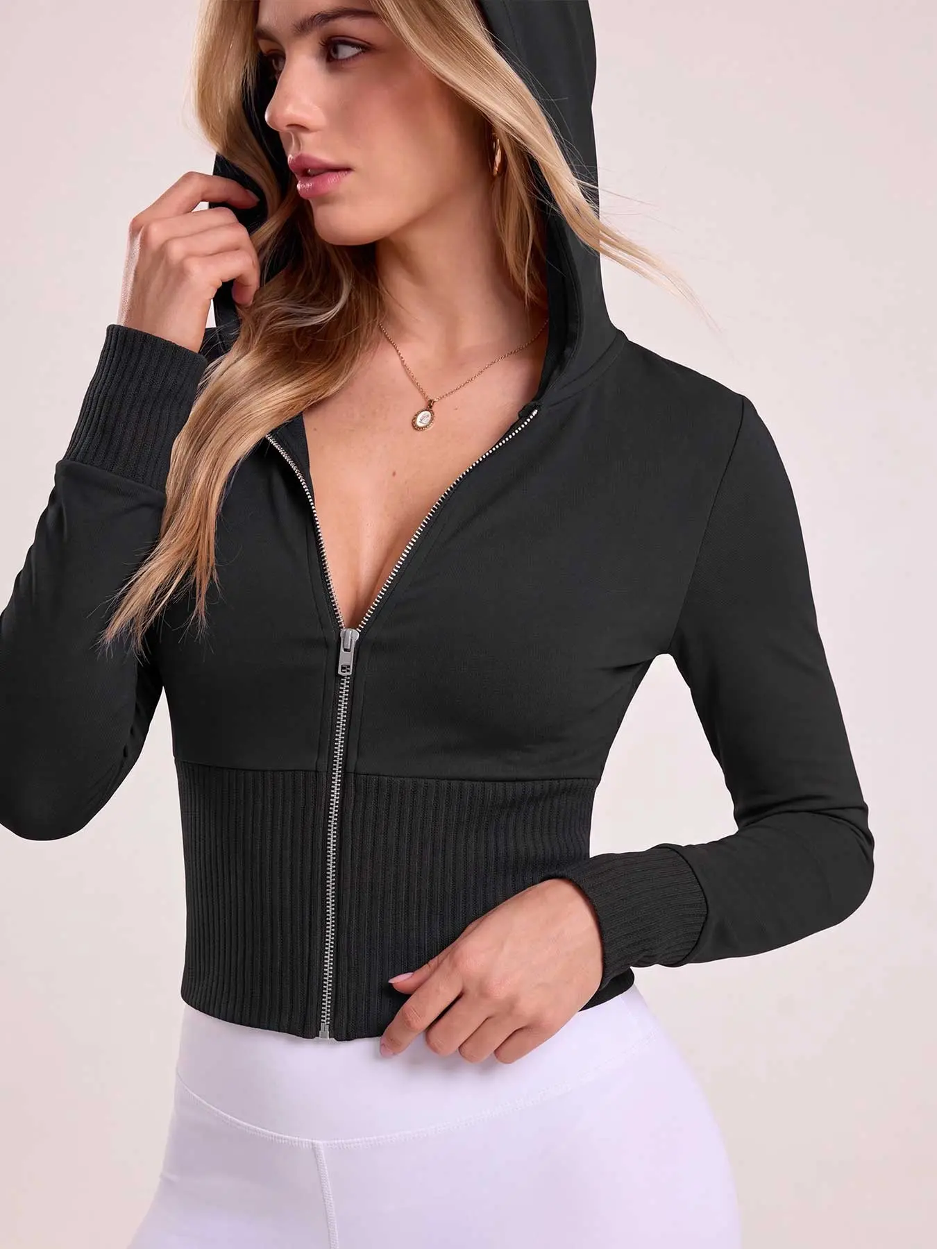 Women's Casual Cropped Zip Up Hoodie Long Sleeve Ribbed Waist Hooded Sweatshirt Fitted Waist Lightweight Jacket for Workout Travel Daily Wear