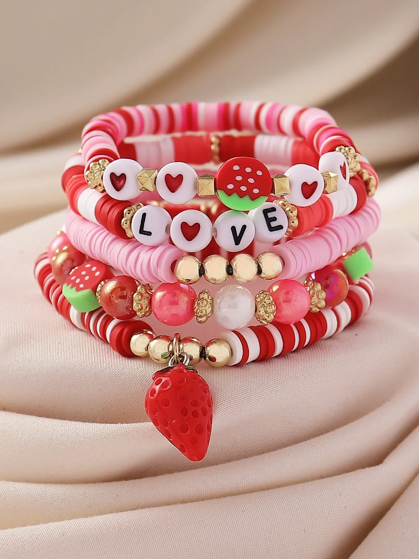 5 Pcs Summer Vacation Style Cute Sweet Elegant Handmade Beaded Soft Clay Bracelets Bangles, Fruit Strawberry Letter Charms, Layered Jewelry Set for Women, Bracelets Stacking
