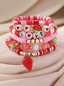 5 Pcs Summer Vacation Style Cute Sweet Elegant Handmade Beaded Soft Clay Bracelets Bangles, Fruit Strawberry Letter Charms, Layered Jewelry Set for Women