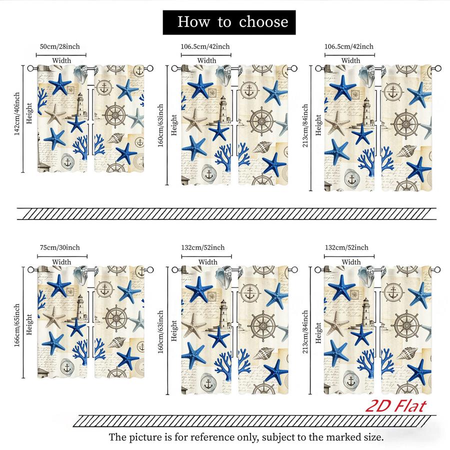 2Pcs Coastal Nautical Starfish Coral Lighthouse Pattern Sun Blocking Curtains Digital Printed Rod Pocket, Window Treatment For Bedroom Office Kitchen Living Room Study Home Decor