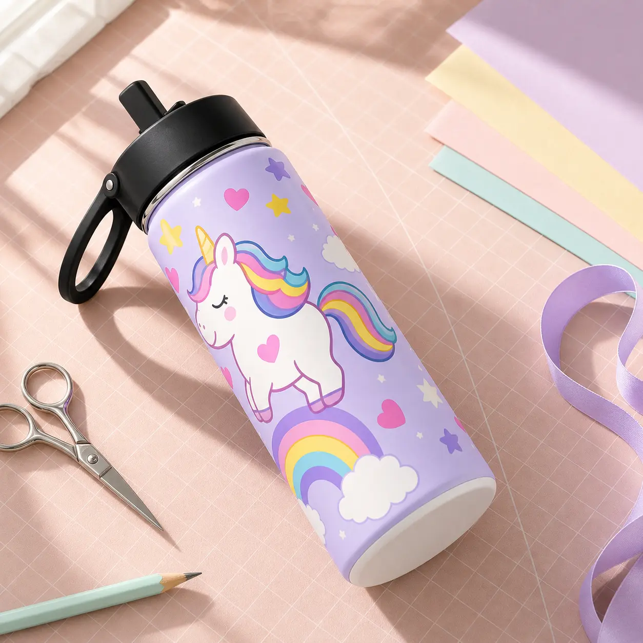 18oz Kids Unicorn Rainbow Print Insulated Stainless Steel Water Bottle - Single Bottle Drinkware Gear, Round Shape, Clouds Stars Print, Flip-Up Straw Lid, Swing Handle for School Travel (Party Bag Gift, Home Supplies)