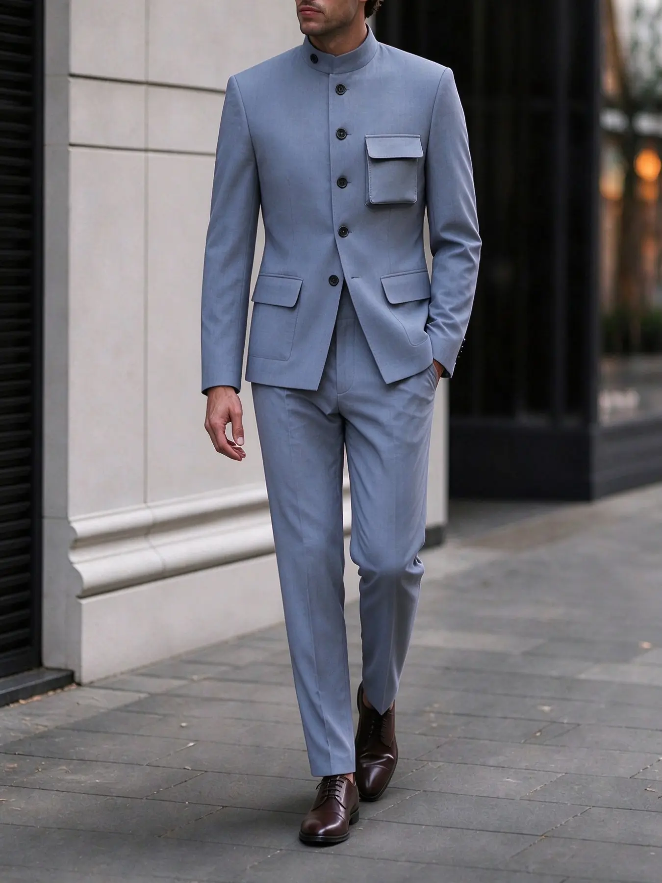 Ainwear 2 Pieces Men Stand Collar Suit Set, Light Blue Mandarin Collar Jacket with Trousers, Vintage Business Costume for Party Wedding