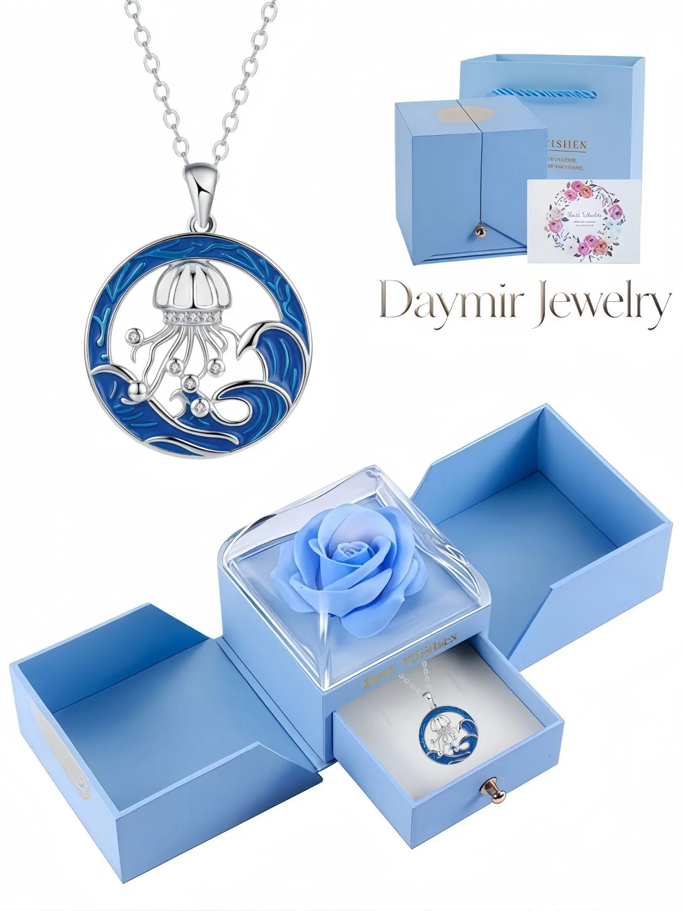 Cute Enamel Jellyfish Rhinestone Summer Clavicle Necklace, Original Ocean‑themed Jewelry, Double‑Door Preserved Rose Box, Sweet Gift for Dates, Valentine’s Day and Christmas