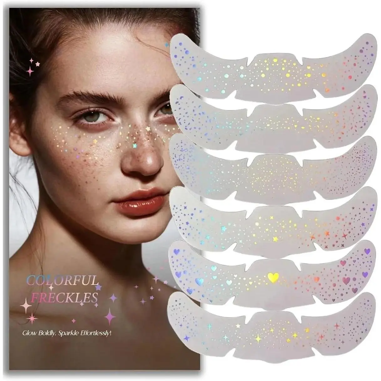 6pcs Glitter Freckles Peel-Apply Face Tattoo Stickers - Hypoallergenic, Vegan, Holographic Tattoo Glitter Body Makeup, Long-Lasting, Pool-Proof Glow, Mermaid-Ready, Water Boost for Festivals, Birthday, Halloween