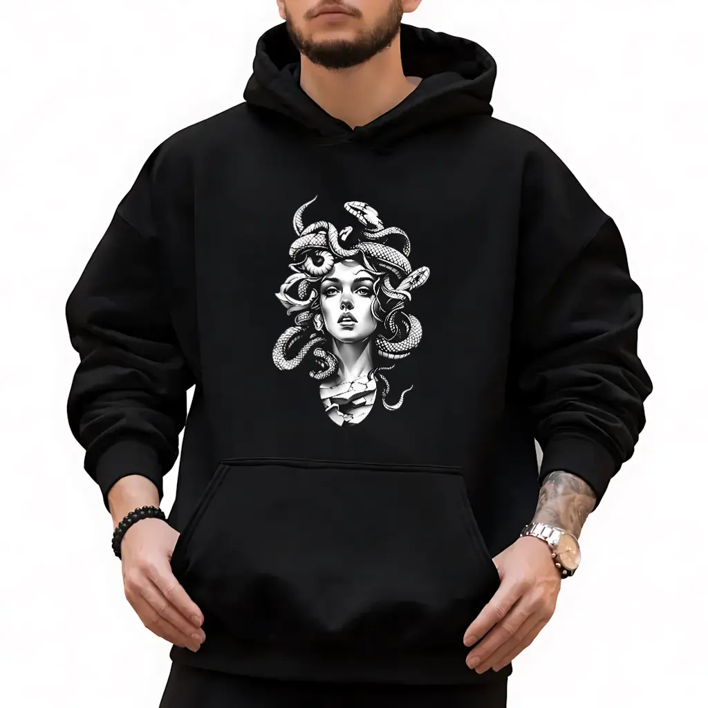 Men's Oversized Fleece Pullover Hoodie Vintage Black White Medusa Snake Head Greek Mythology Graphic Dark Aesthetic Streetwear Sweatshirt team fall clothes winter style man