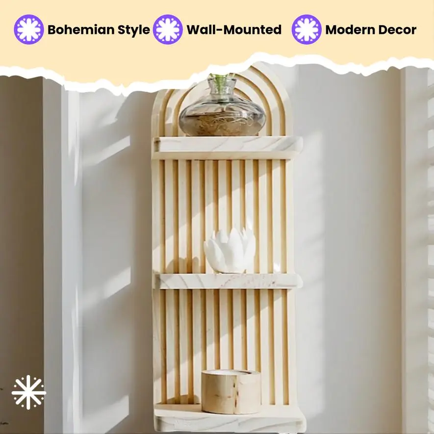 Bohemian Style Wooden Floating Bookshelf, Wall-Mounted Display Rack, Modern Home Decor Storage Shelf, Perfect for Ornaments, Dolls, Statues, Toys, Collectibles