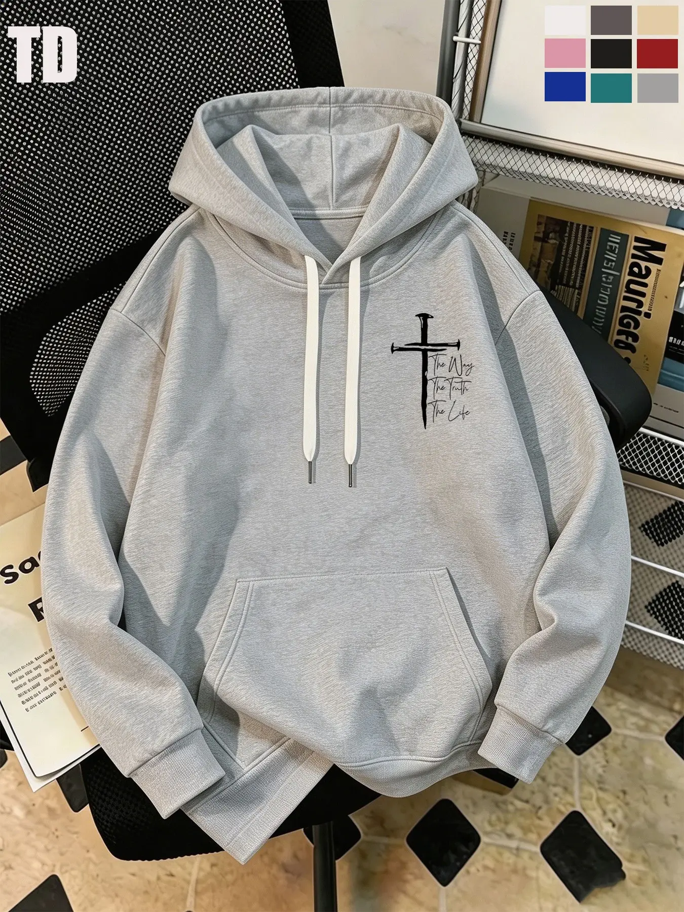 Td Casual Streetwear Hoodie, Graphic Print Oversized Pullover, Unisex Long Sleeve Top, Soft Pocket, Fall Winter Ootd, 9 Colors