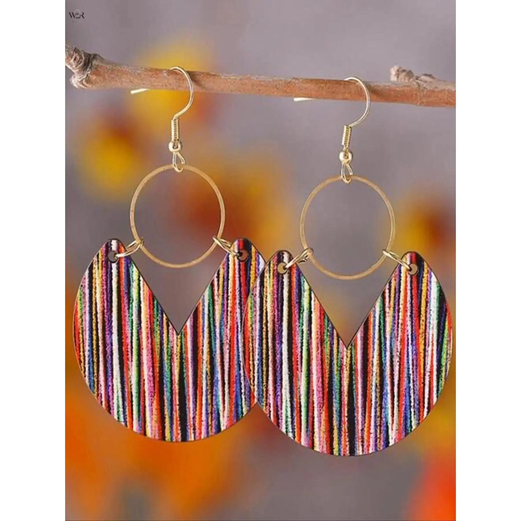 Bohemian Colorful Vertical Striped V-Shape Wooden Drop Earrings for Women, Lightweight Gold Hoop Dangle Ear Hooks, Vintage Rainbow Stripe Geometric Wood Statement Earrings for Beach Party Daily Holiday Outfit
