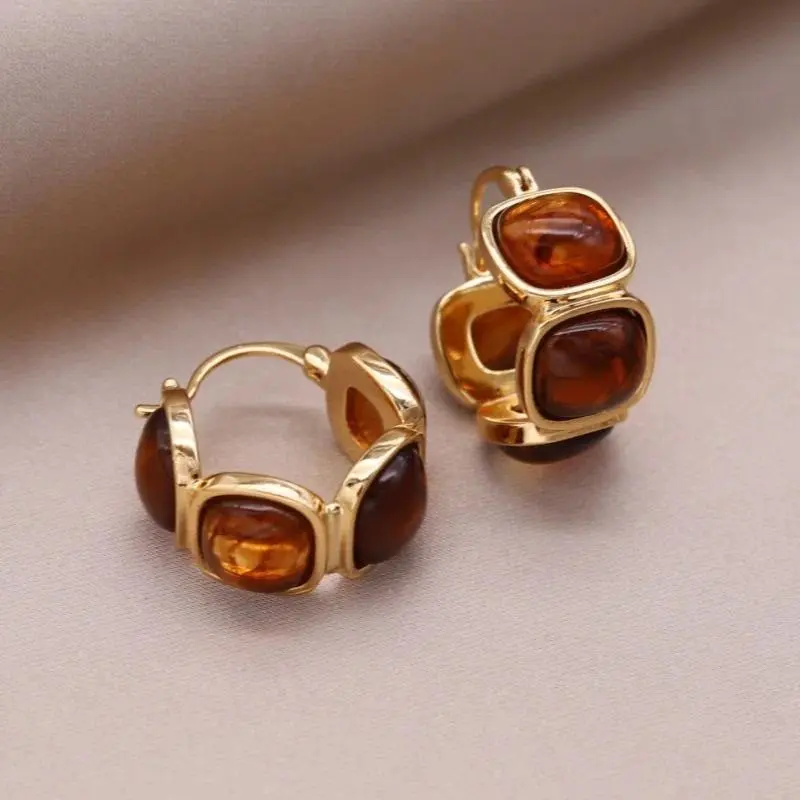 Korean new design fashion jewelry 14K gold plated round amber resin autumn and winter earrings elegant women's daily accessories