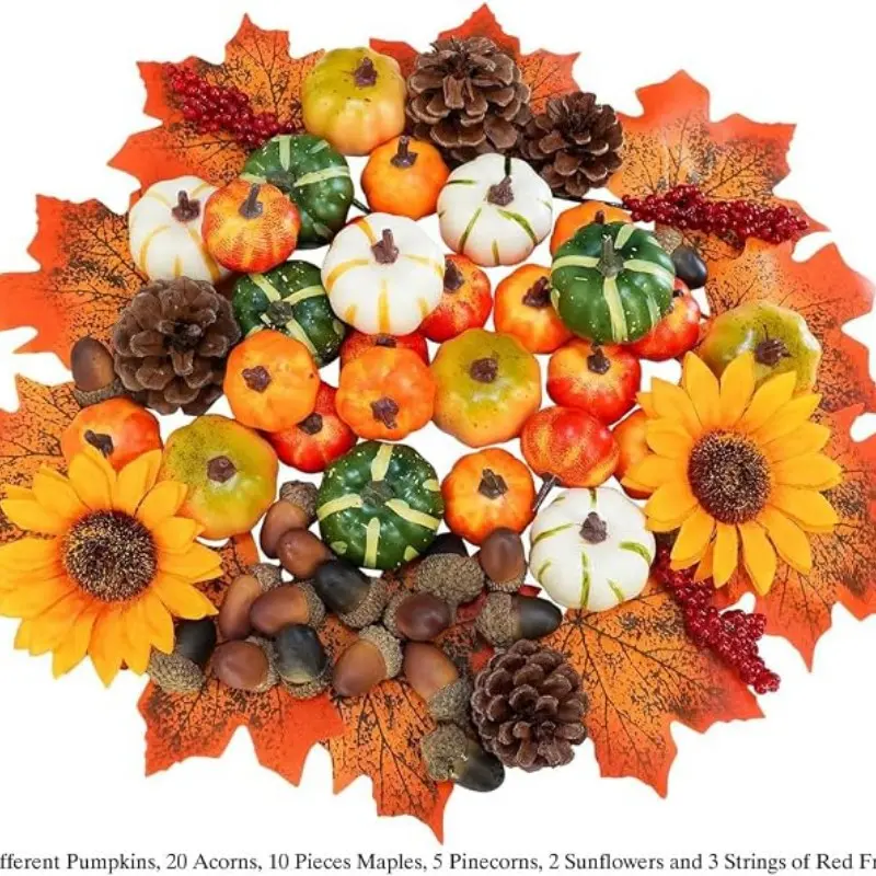 Halloween Pumpkin Decoration Set, Artificial Pumpkins, Red Maple Leaves, Background Props, Pinecone and Acorn Decorative Items, Photography Models