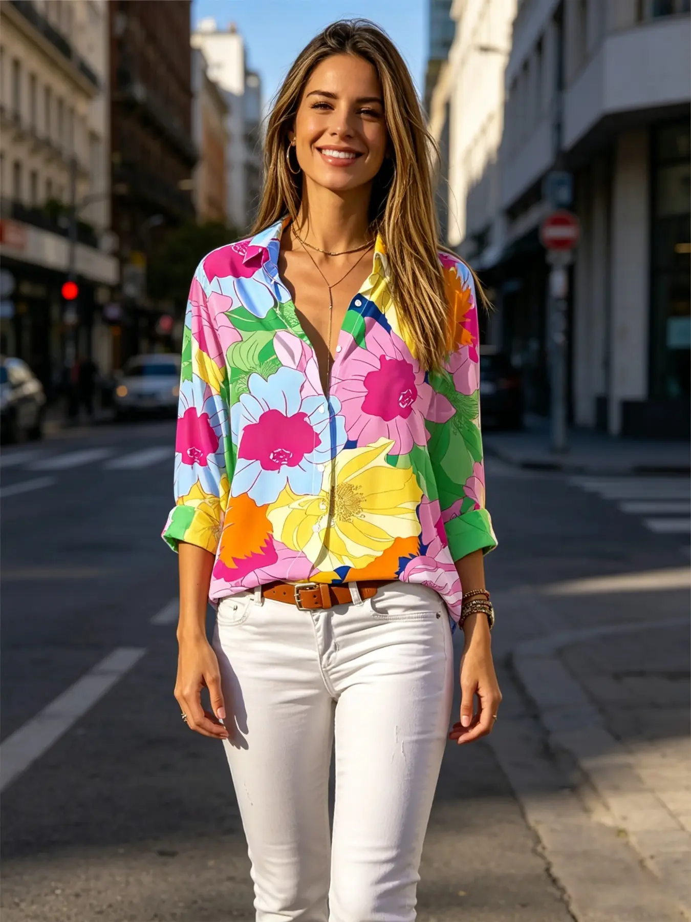 2026 New Women's Colorblock Oil Painting Large Flower Turn-Down Collar Button Shirt Blouse, Spring Summer Versatile Vacation Casual Style Long Sleeve Top