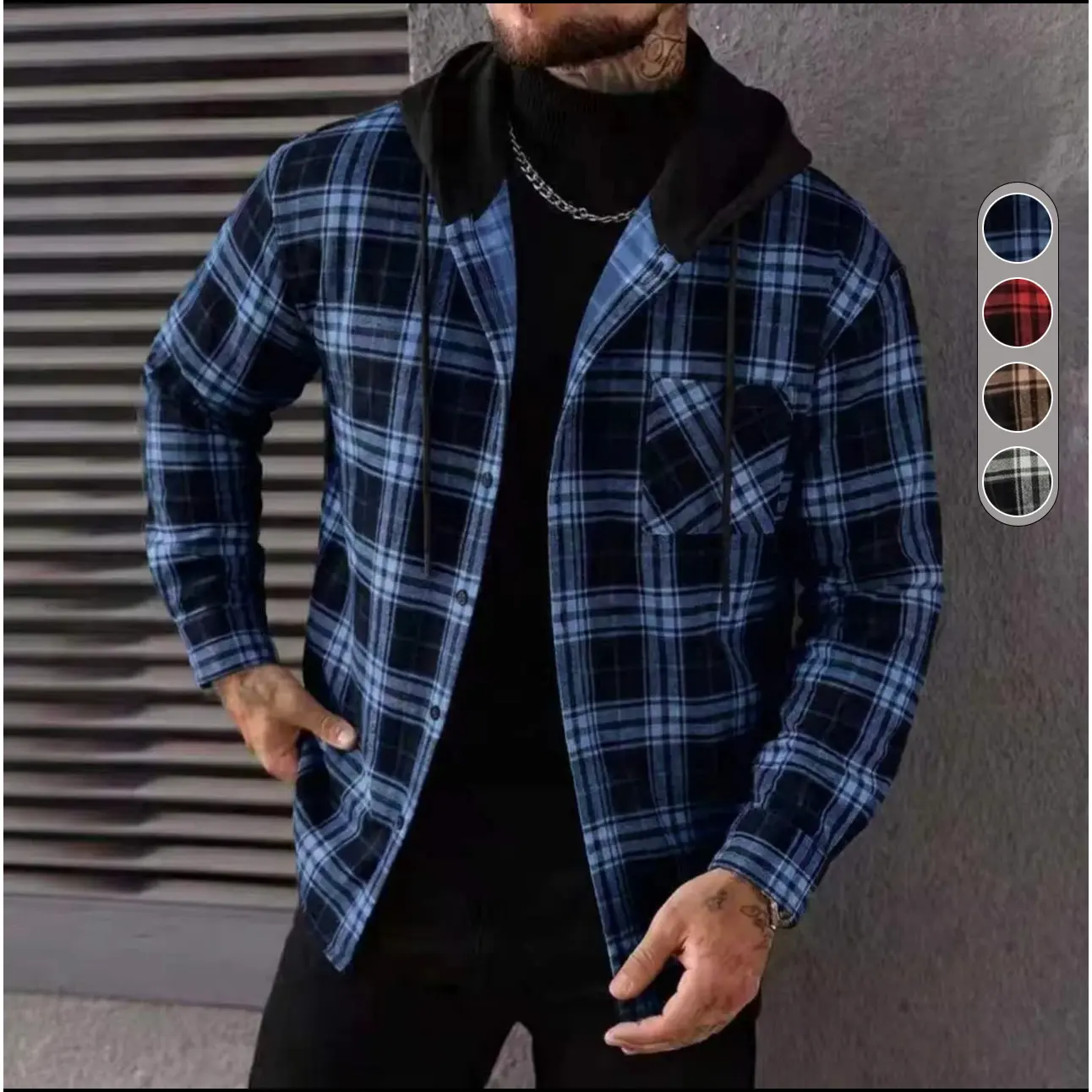 Men Oversized Plaid Flannel Hooded Shirt Jacket, Button Up Long Sleeve Casual Streetwear Shacket With Chest Pocket