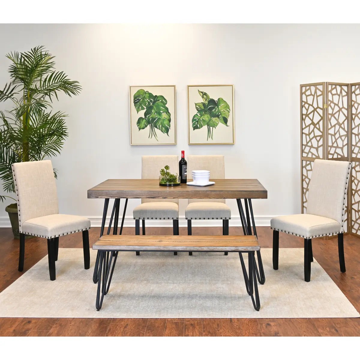 AobtkelAmisos 6-Piece  Set, Hairpin  Table with 4 Chairs and a Wood Bench, 3 Color Options room glass White Large Door Wardrobe space-saving kitchen