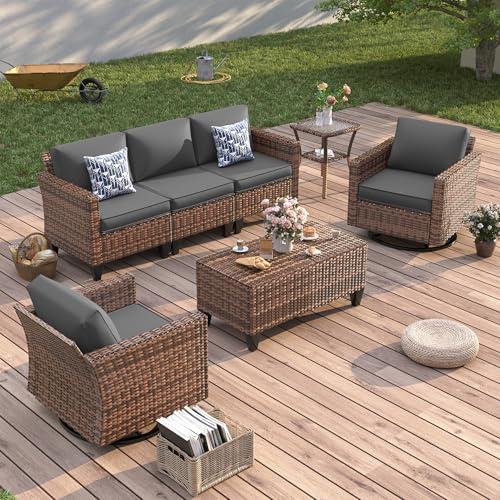 UDPATIO Modern Outdoor Wicker Sofa Set, fire pittable Rattan Wicker Outdoor Sectional Set with Rocking Swivel Chairs, Wicker Rattan Outdoor Sofa Set with Storage Table and Waterproof Covers for Backyard, Deck, Porch