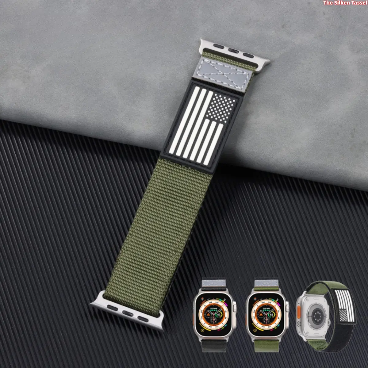 Nylon Hook & Loop Watch Band with Flag Patch, Breathable Military Woven Replacement Strap Compatible with Apple Watch  All Series, Adjustable Sport Smart Watch Wristband for Men